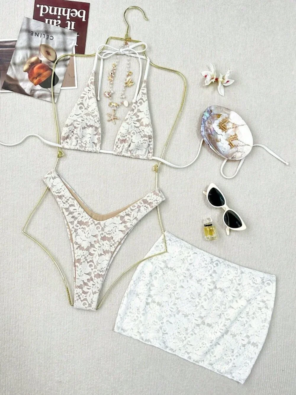 White lace 3exy Womens 3-Piece bikini Beach Set Panty Mesh Sarong Skirt